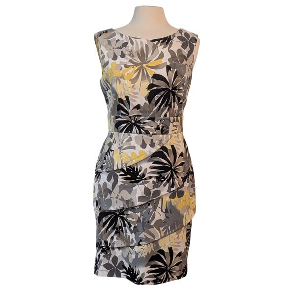 Asymmetric Draped Panel Sheath Dress 8 Tropical Floral Yellow Gray Black Office - Picture 2 of 10